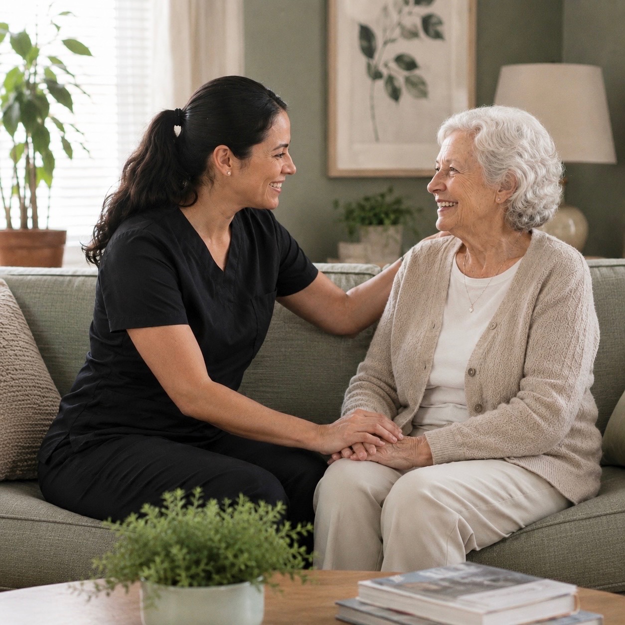 Caregiver and senior woman smiling together at home