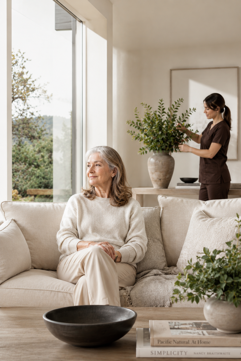 A senior woman at home with her caregiver arranging flowers